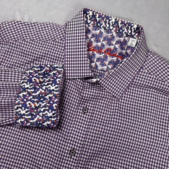 Robert Graham Button Up Shirt Mens L Purple Gingham Egyptian Cotton Flip Cuff LS - Picture 1 of 7